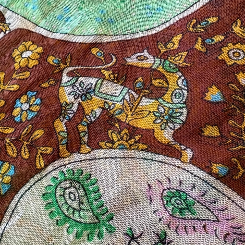 Boho Folklore Animal Print Scarf | Earthy Brown & Green | 100% Viscose